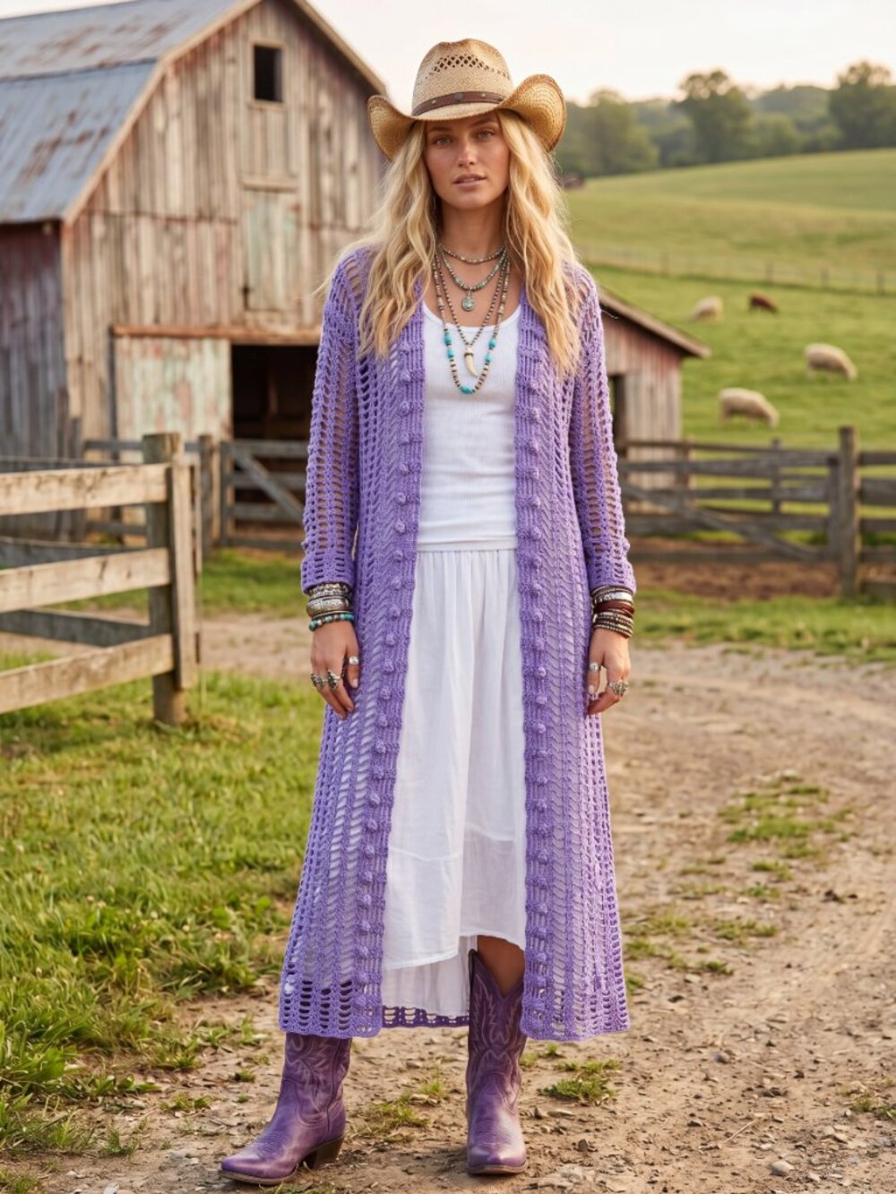 Boho Long Purple Crochet Mesh Duster Cardigan with Beaded Flowers L/XL